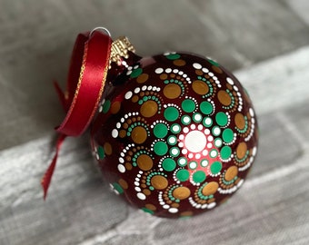 Hand painted dot Mandala on 2.6” shiny red glass ball ornament with satin ribbon