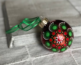Hand painted dot Mandala on 2.6” shiny red glass ball ornament with satin ribbon