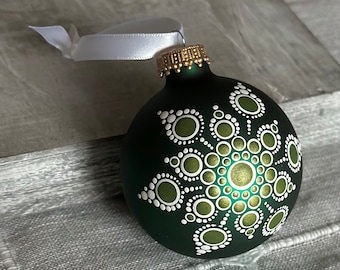 Hand painted snowflake dot Mandala on 2.6” matte green glass ball ornament with satin ribbon