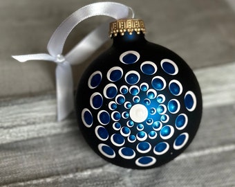 Hand painted dot Mandala on 2.6” matte blue glass ball ornament with satin ribbon