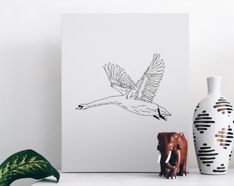 Lámina artística de cisne: Cisne volador minimalista en blanco y negro (Descarga digital)
