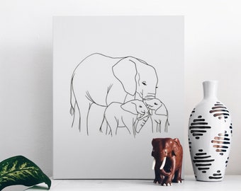 Elephant Family Line Art Print: Black and White Safari Nursery (Digital Download)