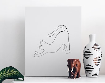 Digital print cat leaning stretching back line drawing, cat line art, cat print, downloadable printable print, wall art décor, pet art