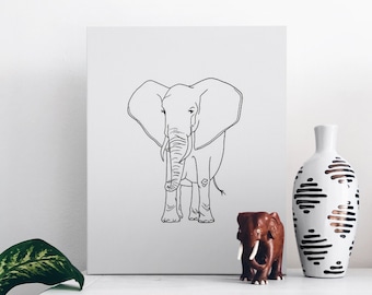 Digital print Elephant line drawing, elephant print, safari print, elephant abstract prints, downloadable digital print poster black & white