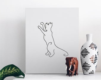 Digital print cat standing on back legs line drawing, cat line art, cat print, downloadable printable print poster, wall art décor, pet art
