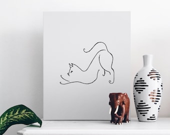 Digital print cat leaning stretching back line drawing, cat line art, cat print, downloadable printable print, wall art décor, pet art