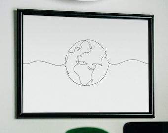 World Map Line Art Print: Minimalist Black and White (Digital Download)