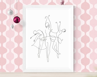 Digital ballet dancer abstract one line body print, downloadable print at home, black and white, dance poster image, woman art, decor