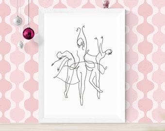 Digital ballet dancer abstract one line body print, downloadable print at home, black and white, dance poster image, woman art, decor