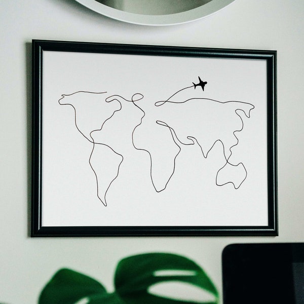 Digital print world map line art one line drawing with airplane, black white, print poster, print at home, printable, gift for travel lover