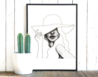 Woman with Hat Line Art Print: Pointillism Portrait (Digital Download)