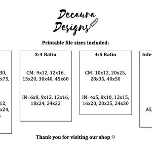 May include: Printable file sizes for digital downloads in inches and centimeters. The sizes are listed for 2:3, 3:4, and 4:5 ratios. International paper sizes are also listed in centimeters and inches, including A5, A4, A3, A2, and A1.