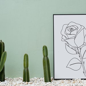 May include: A black framed print of a line drawing of a rose against a white background. The print is hanging on a light green wall with four small green cactus plants in front of it.
