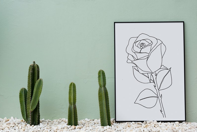 May include: A black framed print of a line drawing of a rose against a white background. The print is hanging on a light green wall with four small green cactus plants in front of it.