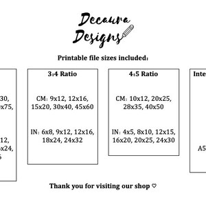 May include: Printable file sizes for digital downloads in inches and centimetres. The sizes are listed for 2:3, 3:4, and 4:5 ratios. International paper sizes are also listed in centimetres and inches, including A5, A4, A3, A2, and A1.