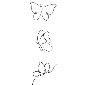 May include: Three line drawings of butterflies in different poses. The butterflies are drawn in a simple, minimalist style.