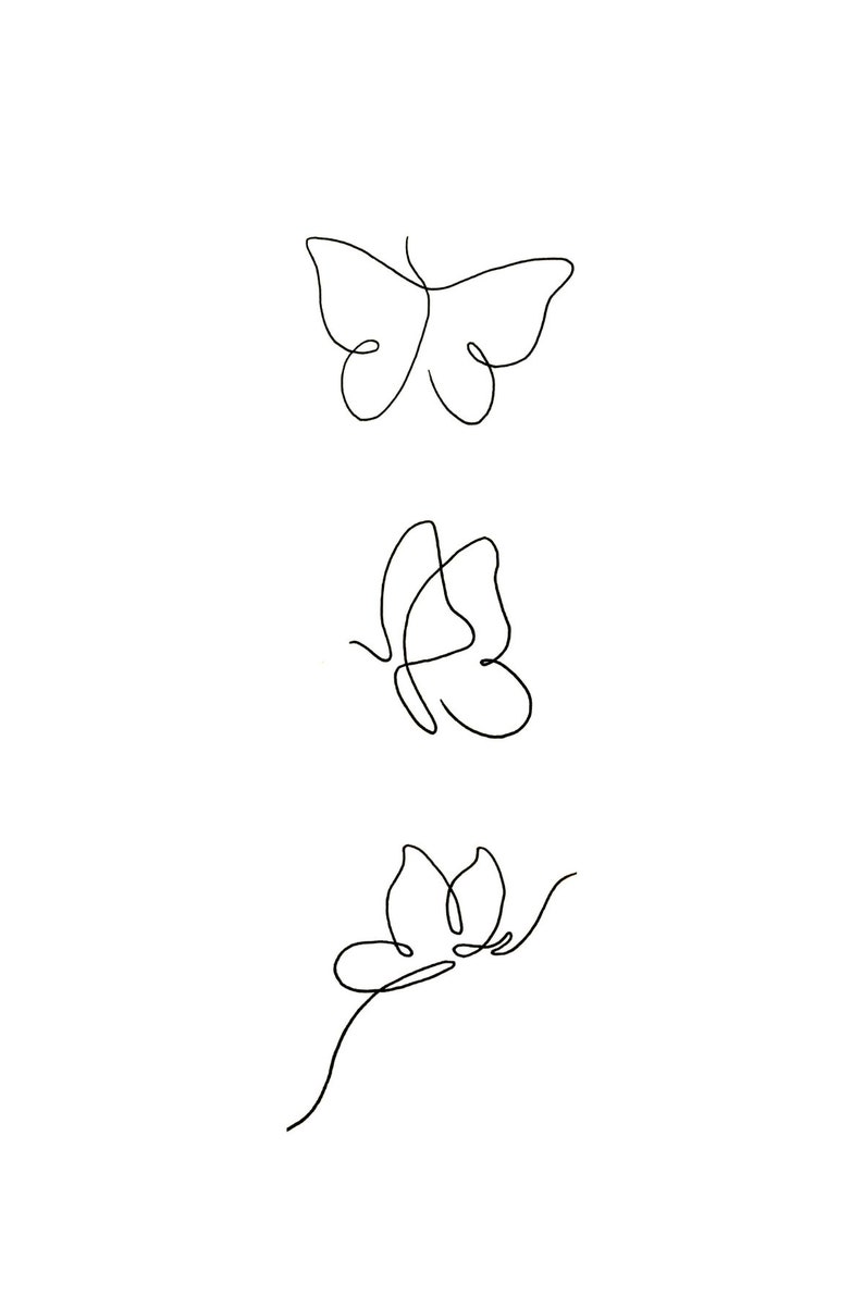 May include: Three line drawings of butterflies in different poses. The butterflies are drawn in a simple, minimalist style.