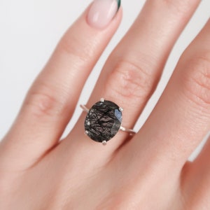 Black Rutilated Quartz Ring - Black Rutilated Quartz - Black Tourmalinated Quartz Engagement Ring - Quartz Promise Ring - Oval Solitaire Rin