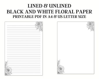 Floral Lined Paper, Printable Stationery, A4 & US Letter (Digital Download), Black and White