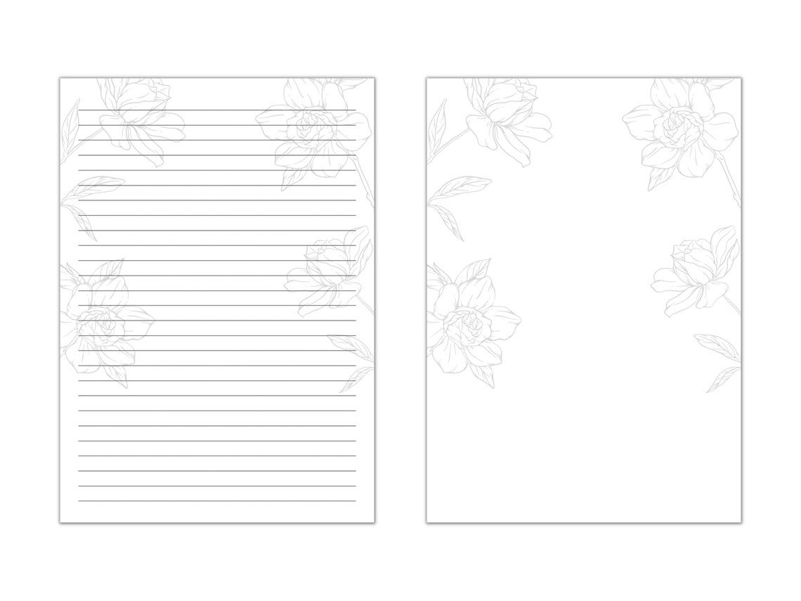 Black and White Floral Lined Paper, Printable Stationery Paper, Digital ...