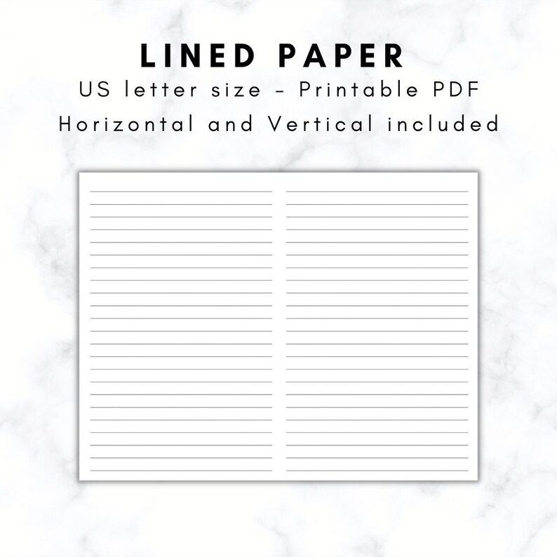 May include: White lined paper with horizontal lines, US letter size. The text "LINED PAPER" is at the top, with additional text below indicating it is a printable PDF, and that horizontal and vertical versions are included.