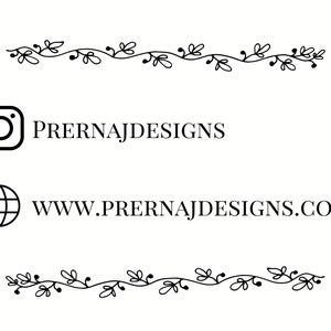 May include: White background with black text and decorative floral elements. The text includes the Instagram handle @PRERNAJDESIGNS and the website address WWW.PRERNAJDESIGNS.COM. The design features a simple, elegant aesthetic.