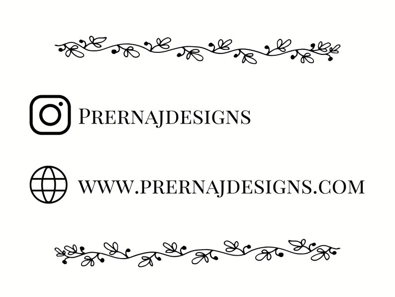 May include: White background with black text and decorative floral elements. The text includes the Instagram handle @PRERNAJDESIGNS and the website address WWW.PRERNAJDESIGNS.COM. The design features a simple, elegant aesthetic.