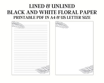Floral Lined Stationery Paper, Black and White Printable (Digital Download)