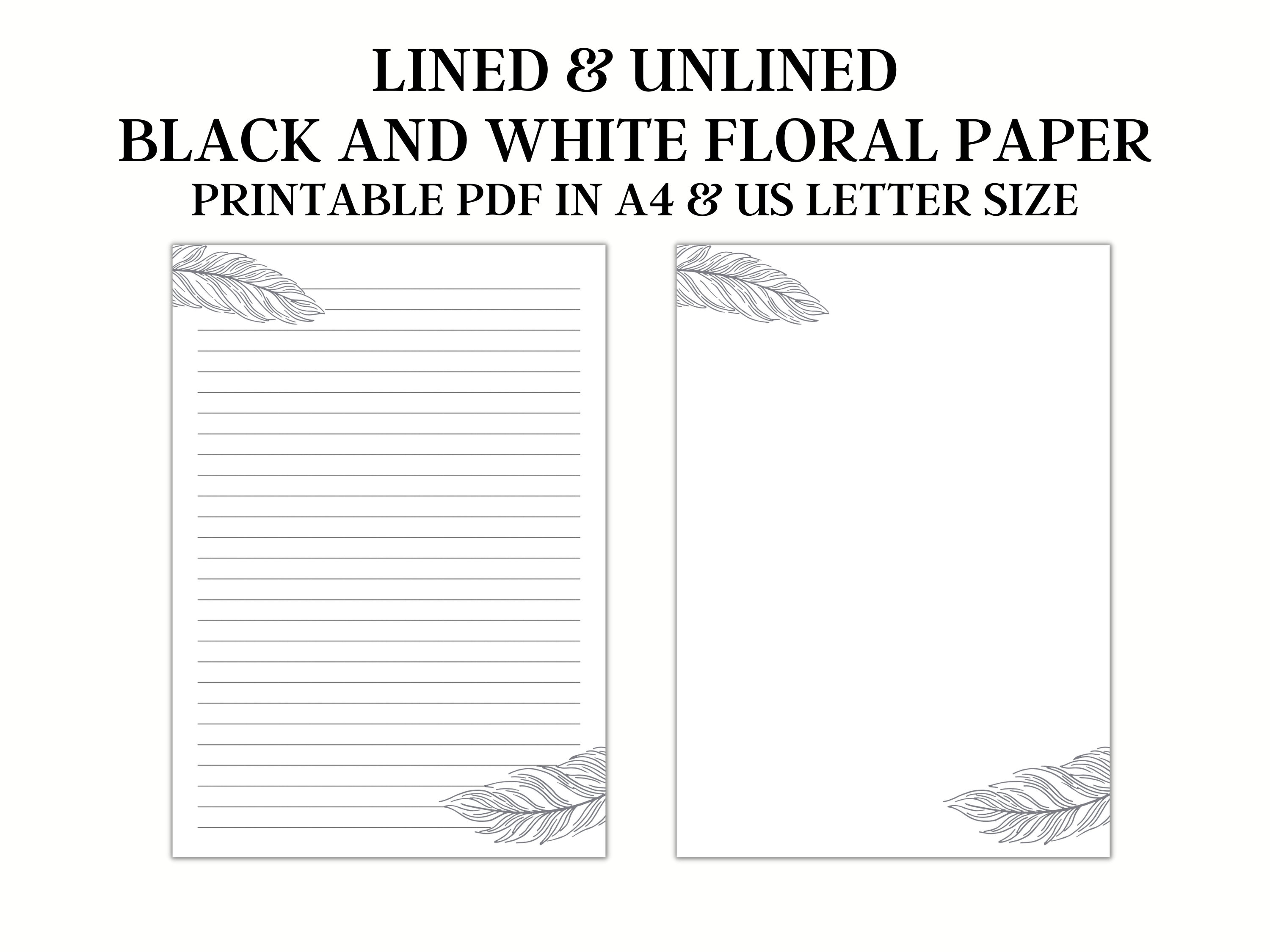 Black and White Floral Lined Paper, Printable Stationery Paper, Digital ...