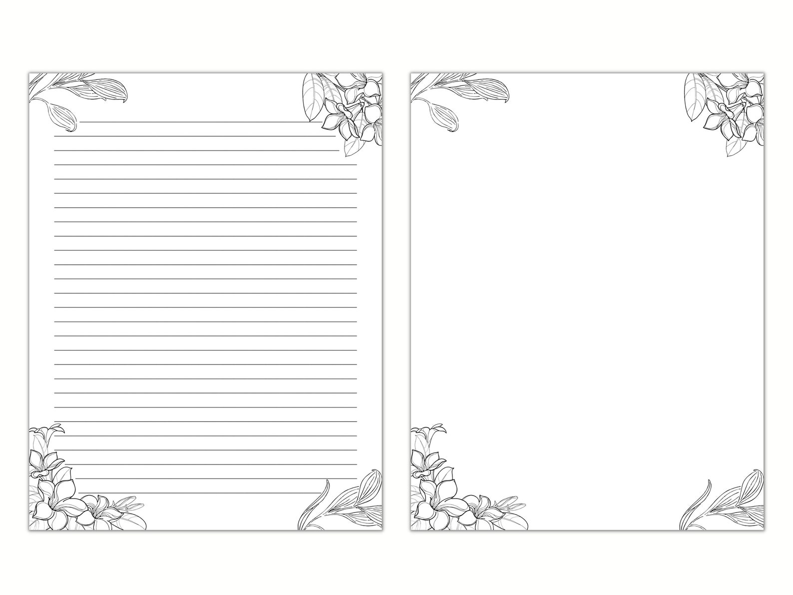 Black and White Floral Lined Paper, Printable Stationery Paper, Digital ...