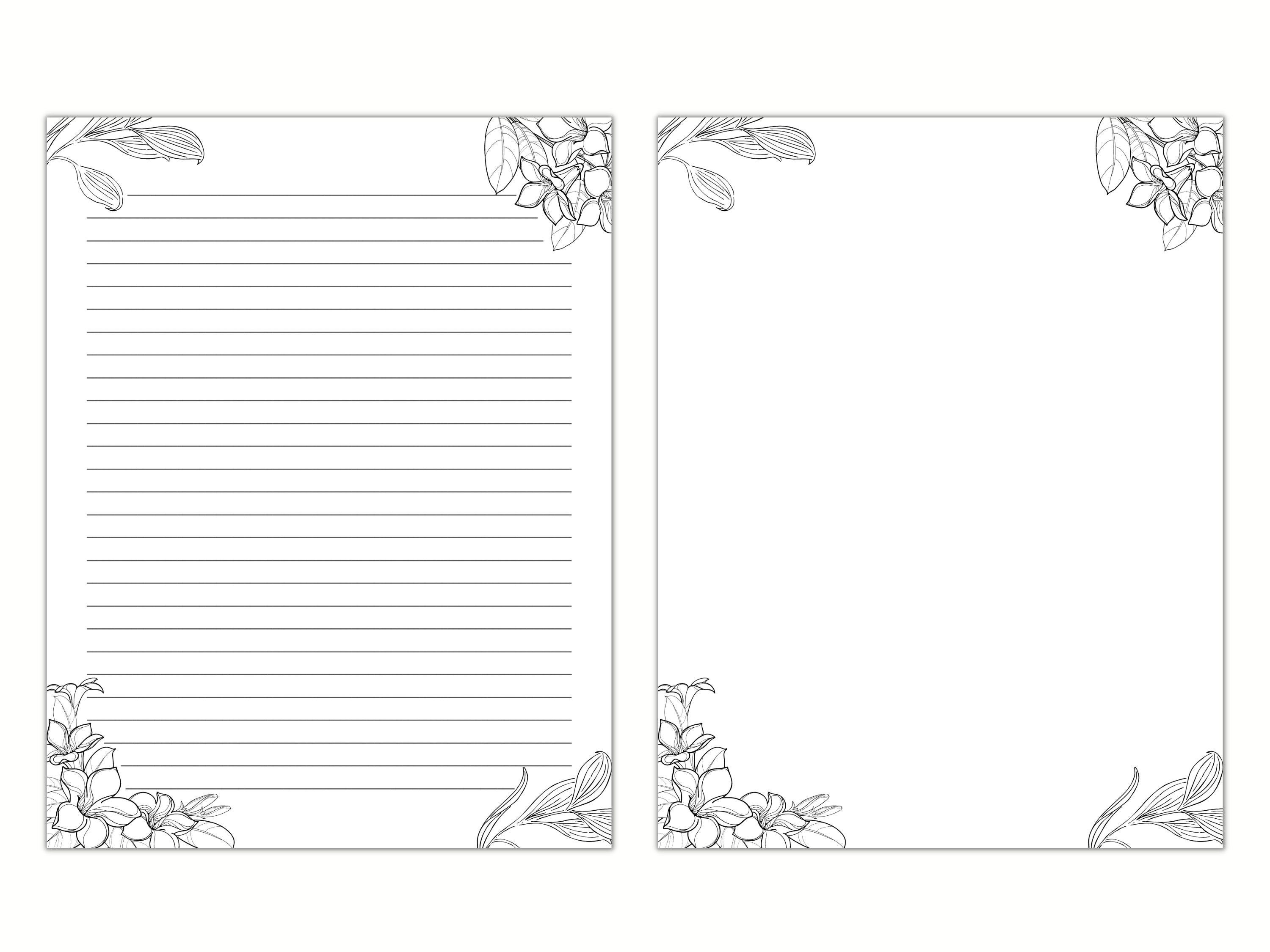 Black and White Floral Lined Paper, Printable Stationery Paper, Digital ...