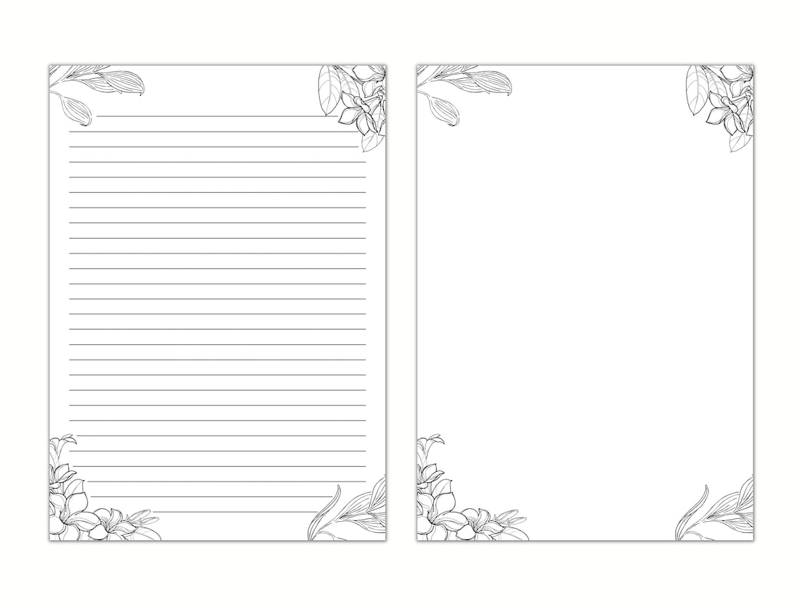 Black and White Floral Lined Paper, Printable Stationery Paper, Digital ...
