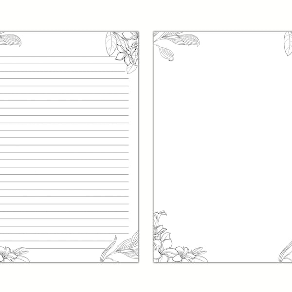 Schwarzes und weißes florales liniertes Papier, bedruckbares Briefpapier, digitales Papier, Journalpapier, Notizpapier, digitaler Download Briefpapier