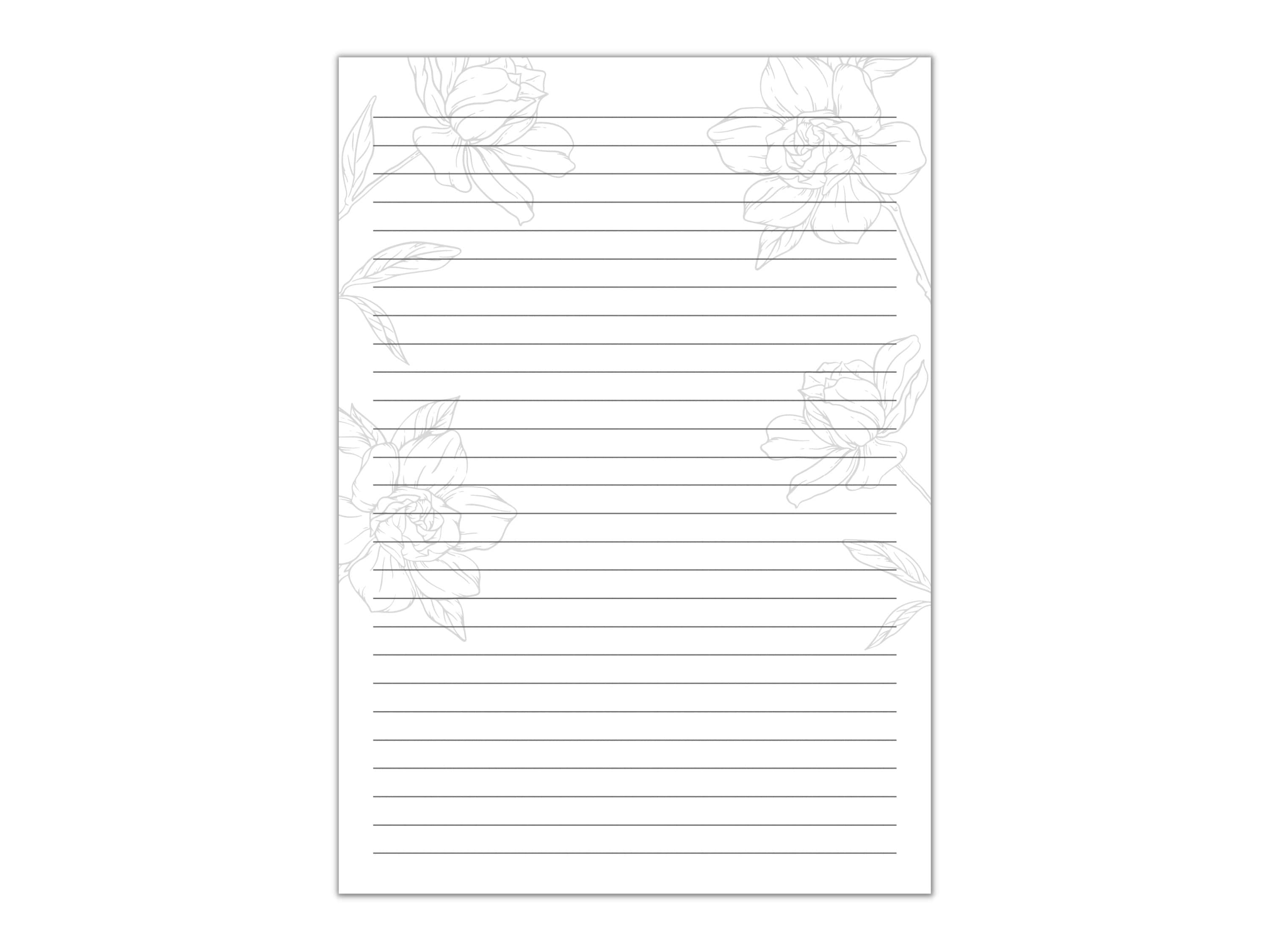 Black and White Floral Lined Paper, Printable Stationery Paper, Digital ...