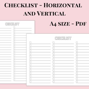 Könnte beinhalten: Zwei druckbare Checklistenvorlagen im A4-Format. Die linke Vorlage hat eine vertikale Checkliste mit 25 Kästchen. Die rechte Vorlage hat eine horizontale Checkliste mit 25 Kästchen. Beide Vorlagen haben oben das Wort "CHECKLIST" .