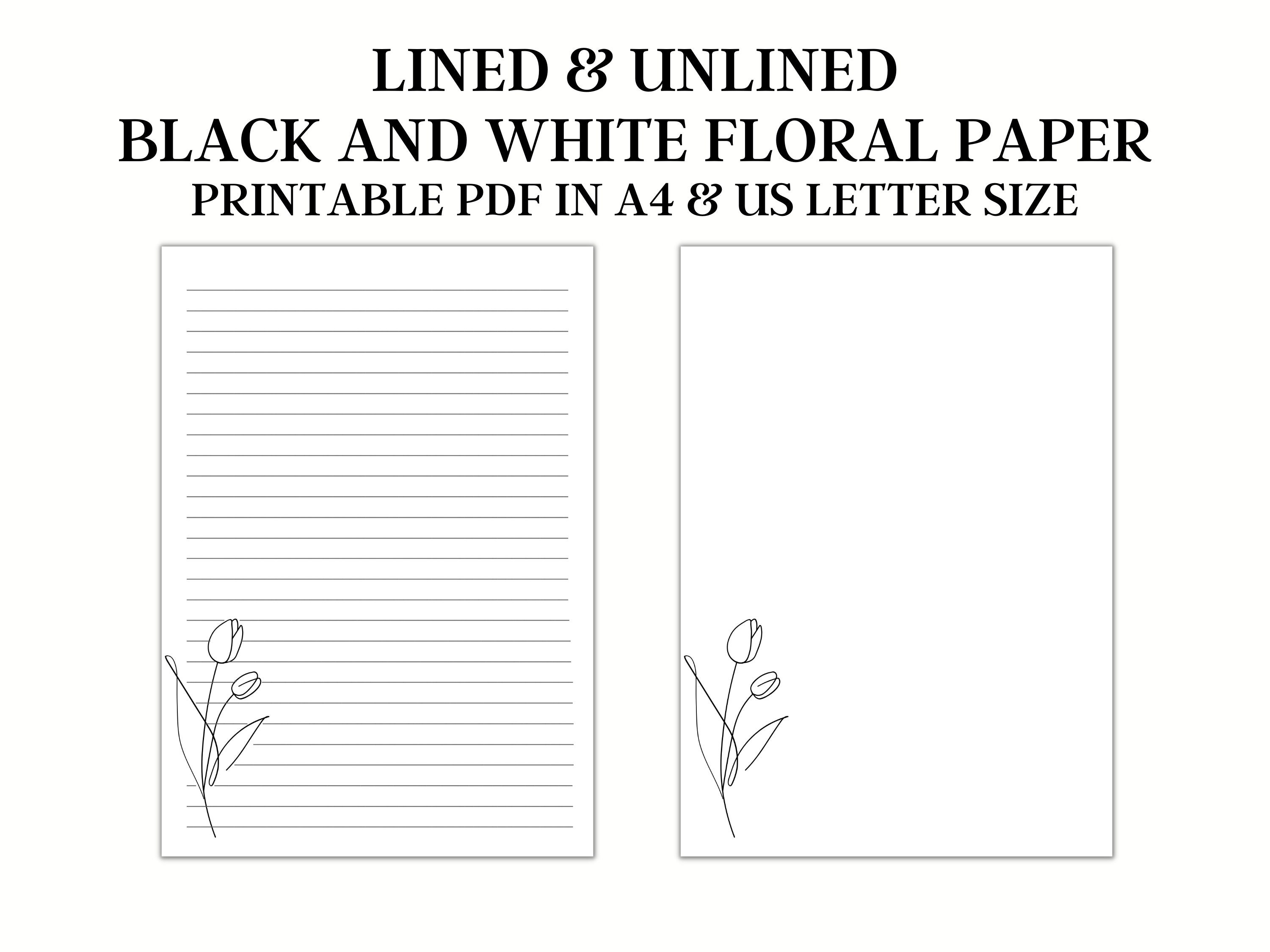 Black and White Floral Lined Paper, Printable Stationery Paper, Digital ...