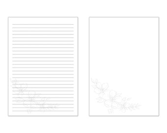 Floral Lined Paper, Printable Stationery, Black and White (Digital Download)