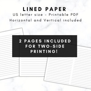 May include: White lined paper sheets with horizontal and vertical lines. The image text reads "LINED PAPER", "US letter size - Printable PDF", and "2 PAGES INCLUDED FOR TWO-SIDE PRINTING!"