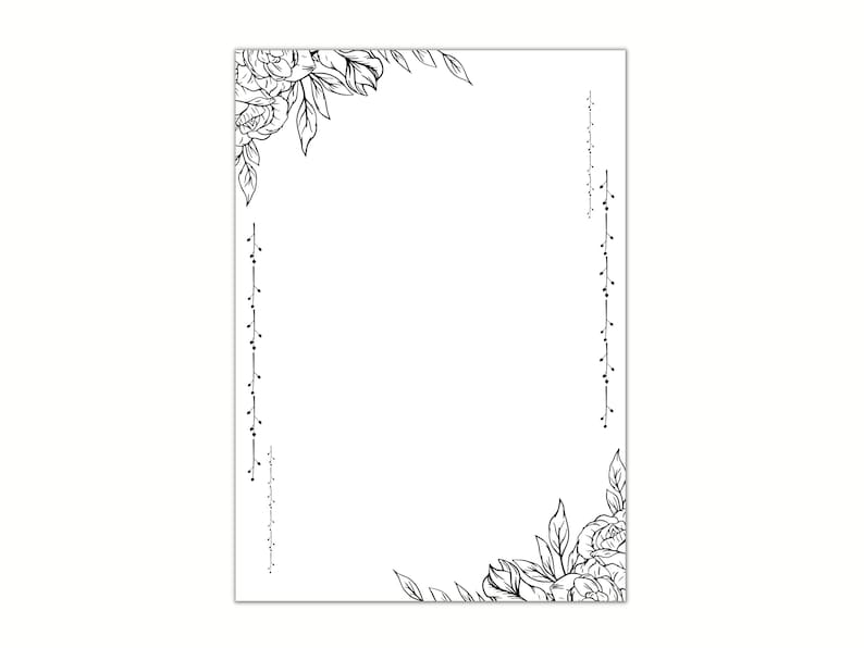May include: A white rectangular card with black floral corner designs and delicate vine-like borders. The floral elements include detailed peony-like flowers and leaves. The vines are dotted with small, round accents, creating an elegant, minimalist aesthetic.