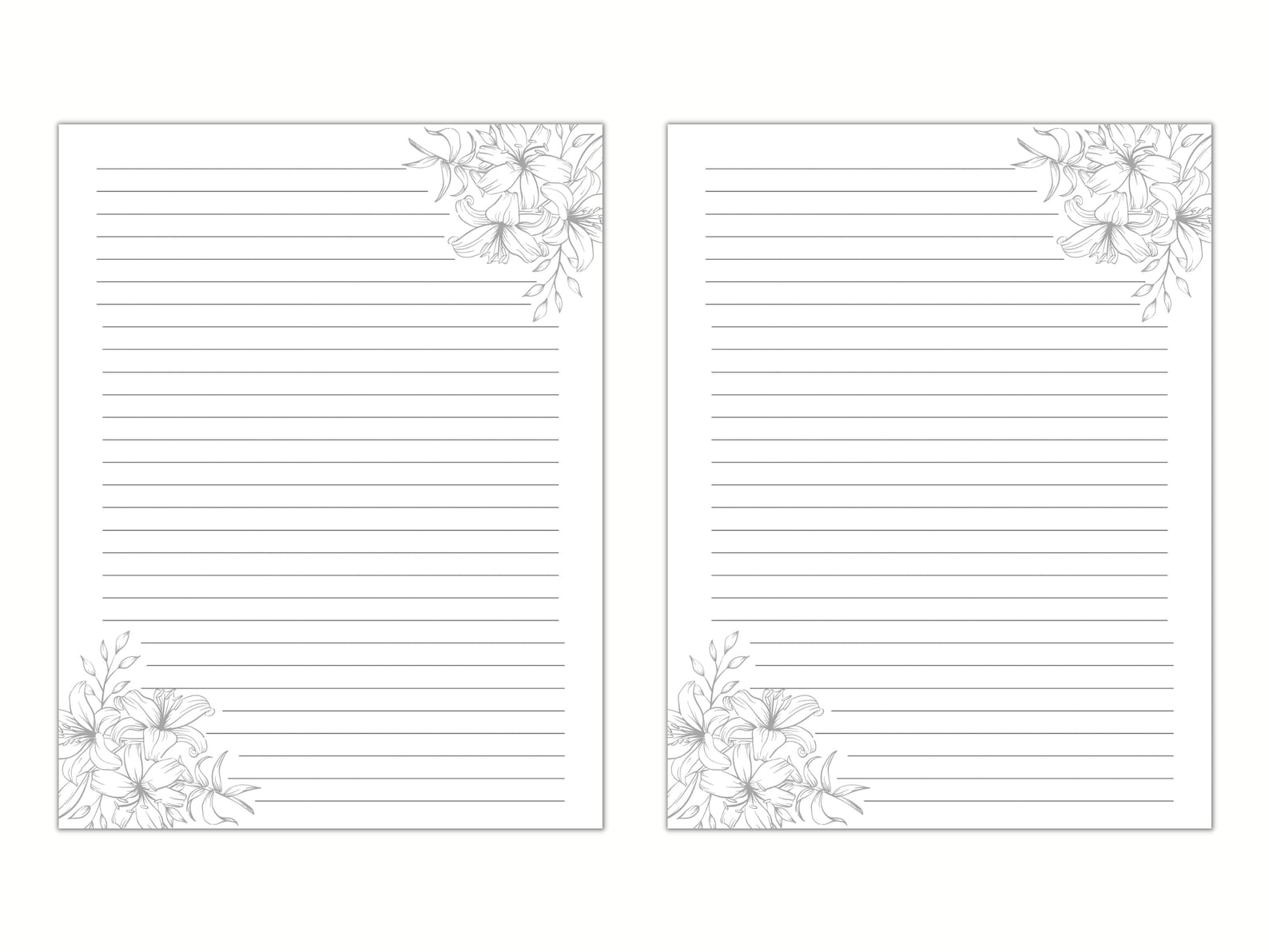 Black and White Floral Lined Paper, Printable Stationery Paper, Digital ...