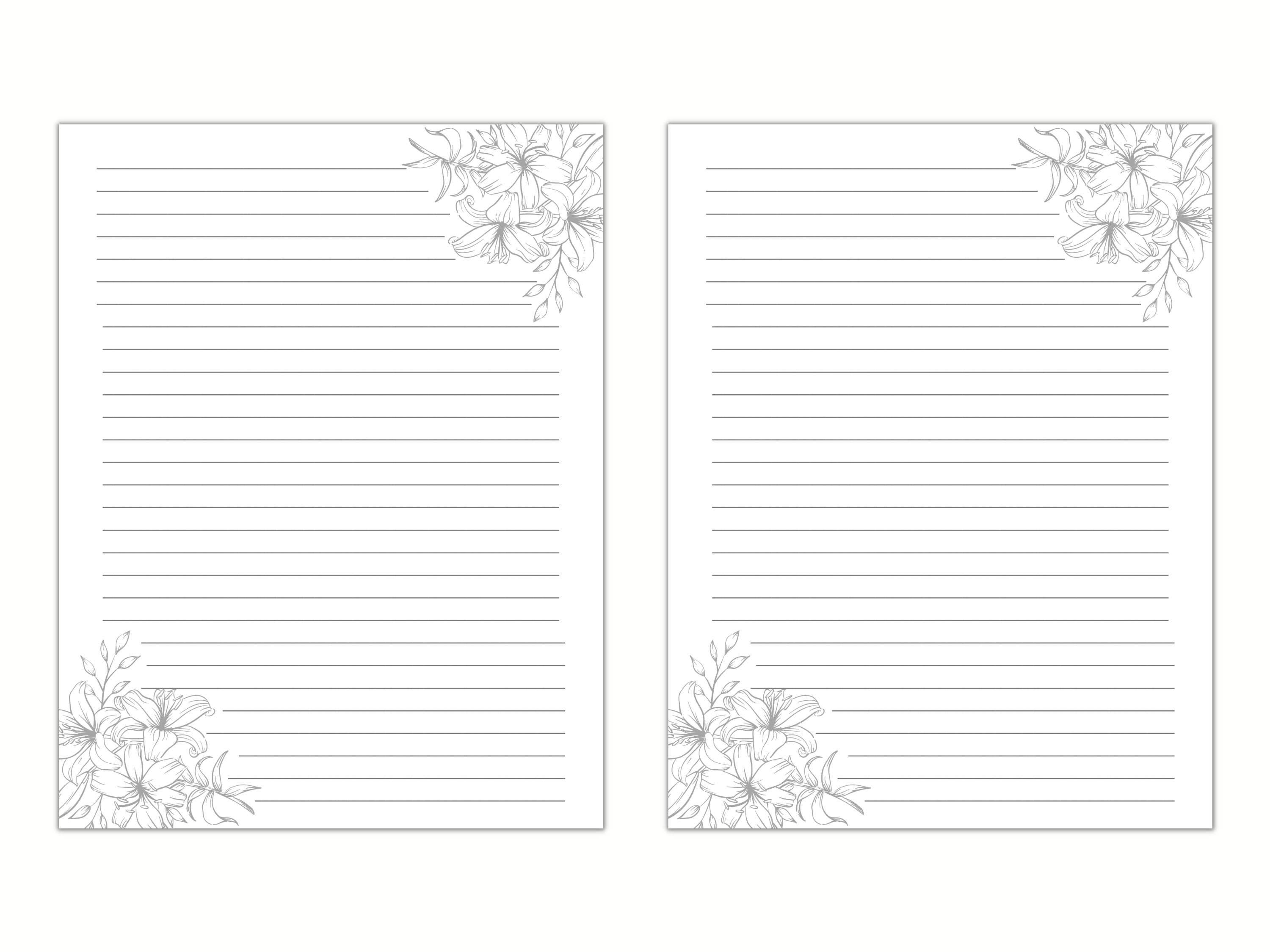 Black and White Floral Lined Paper, Printable Stationery Paper, Digital