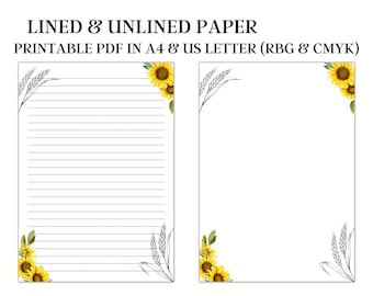 Sunflower printable paper, sunflower lined printable paper, sunflower, sunflower stationery, sunflower writing paper,sunflower journal paper