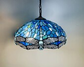 Sea Blue Dragonfly Tiffany Hanging Lamp 16in, Leadglass Stained Glass Shade, Crystal Bead Lampshade, Pendant, Chandelier, Hampton, Beach