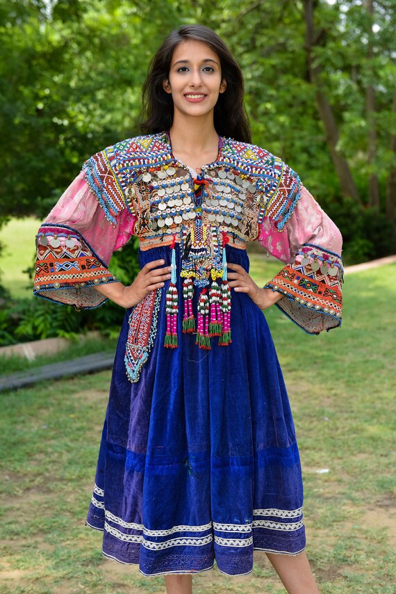 velvet Vintage afghan dress, Embroidered Beaded Af