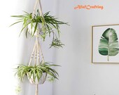 Macrame Double Plant Hanger Indoor Outdoor 2 Tier Hanging Planter Cotton Rope 4 Legs 67 inch By AfafCrafting