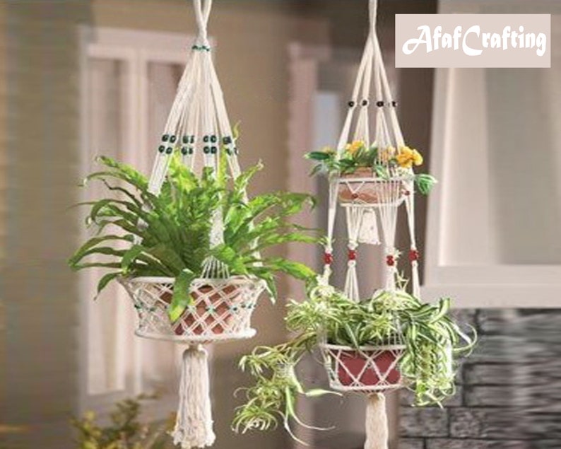 Vintage Plant Hanger Indoor Outdoor Hanging Planter Basket Jute Rope Mesh Pocket