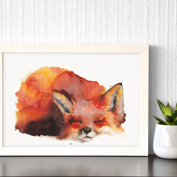SLEEPING FOX AQUARELLE Painting - Fine art print and originale aquarelle painting - fox wall art trending now