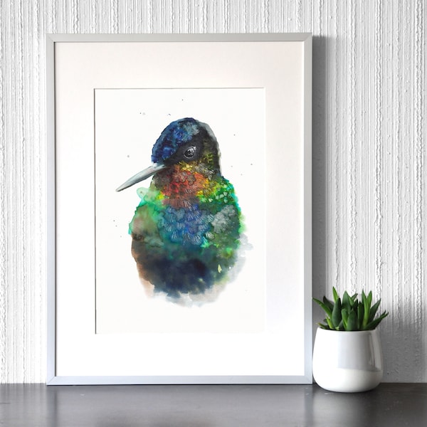 RAINBOW HUMMINGBIRD AQUARELLE Painting - Stampa d'arte e aquarelle originale - regalo colibrì più popolare di tendenza ora