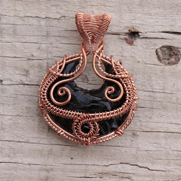Crescent Moon Pendant- Black Obsidian Wire Wrap Pendant- Boho Hippi Jewelry- Healing Crystal- Moon Necklace