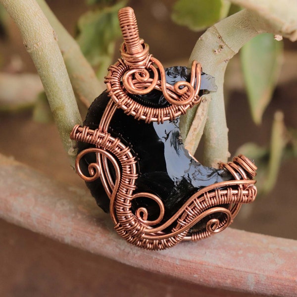 Crescent Moon Pendant, Black Obsidian Moon Wire Wrap Necklace, Handmade Boho Hippi Jewelry, Carved Moon